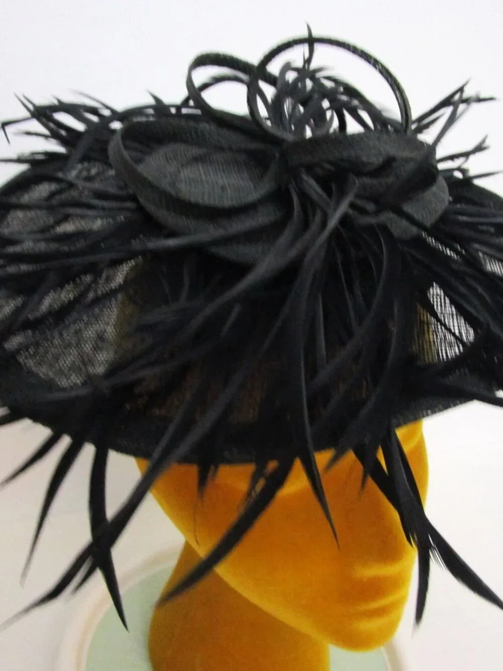 Whimsical Black Straw Platter Hat Dancing Feathers England